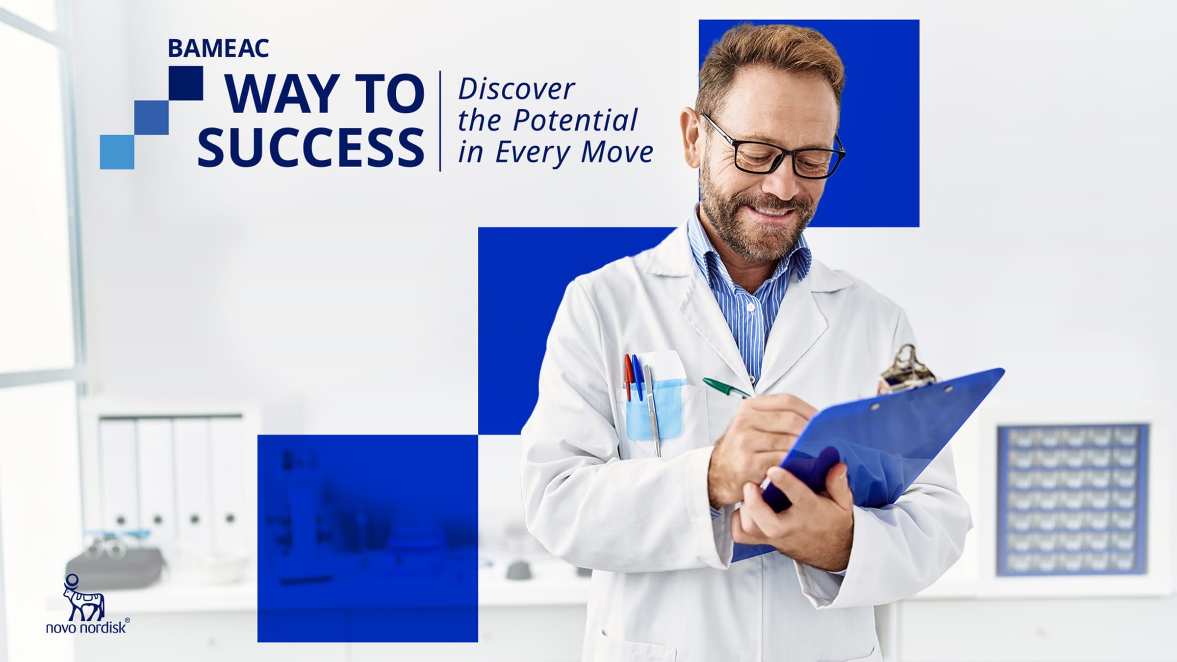 A physician in a clinical setting, standing in front of blue geometric blocks