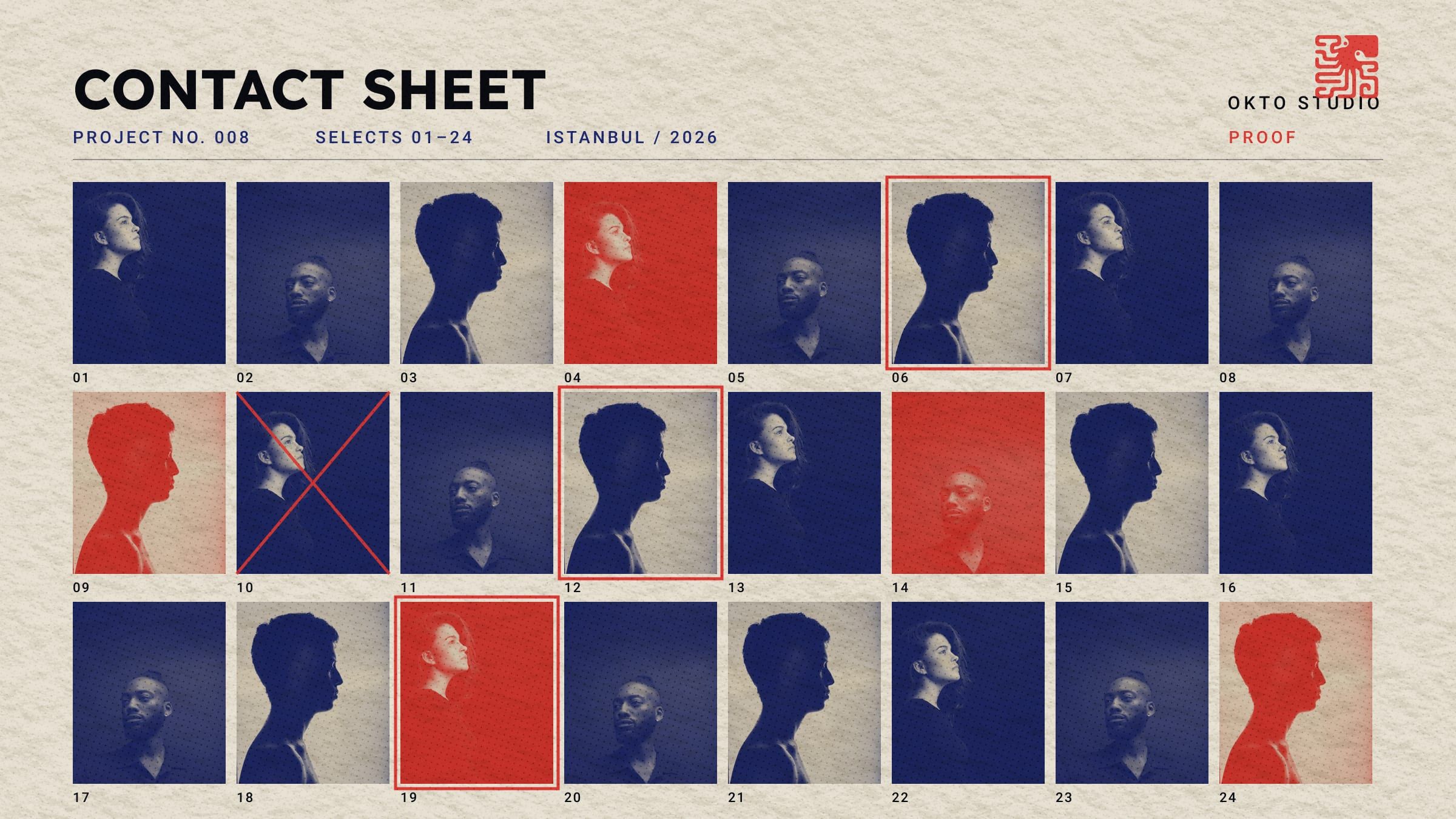 A duotone contact sheet with red annotation marks and the OKTO stamp