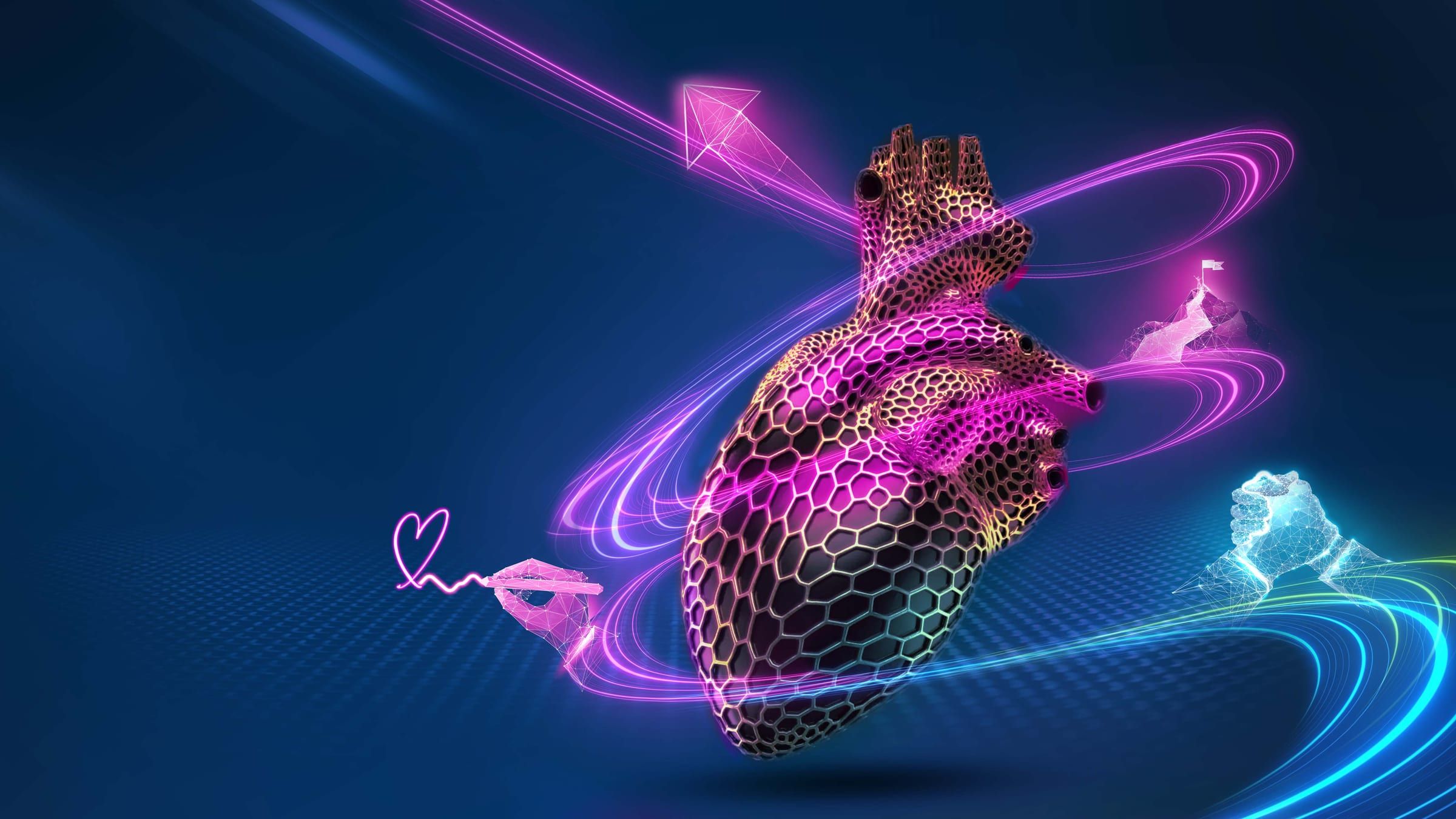 A heart rendered as a digital mesh, surrounded by light trails