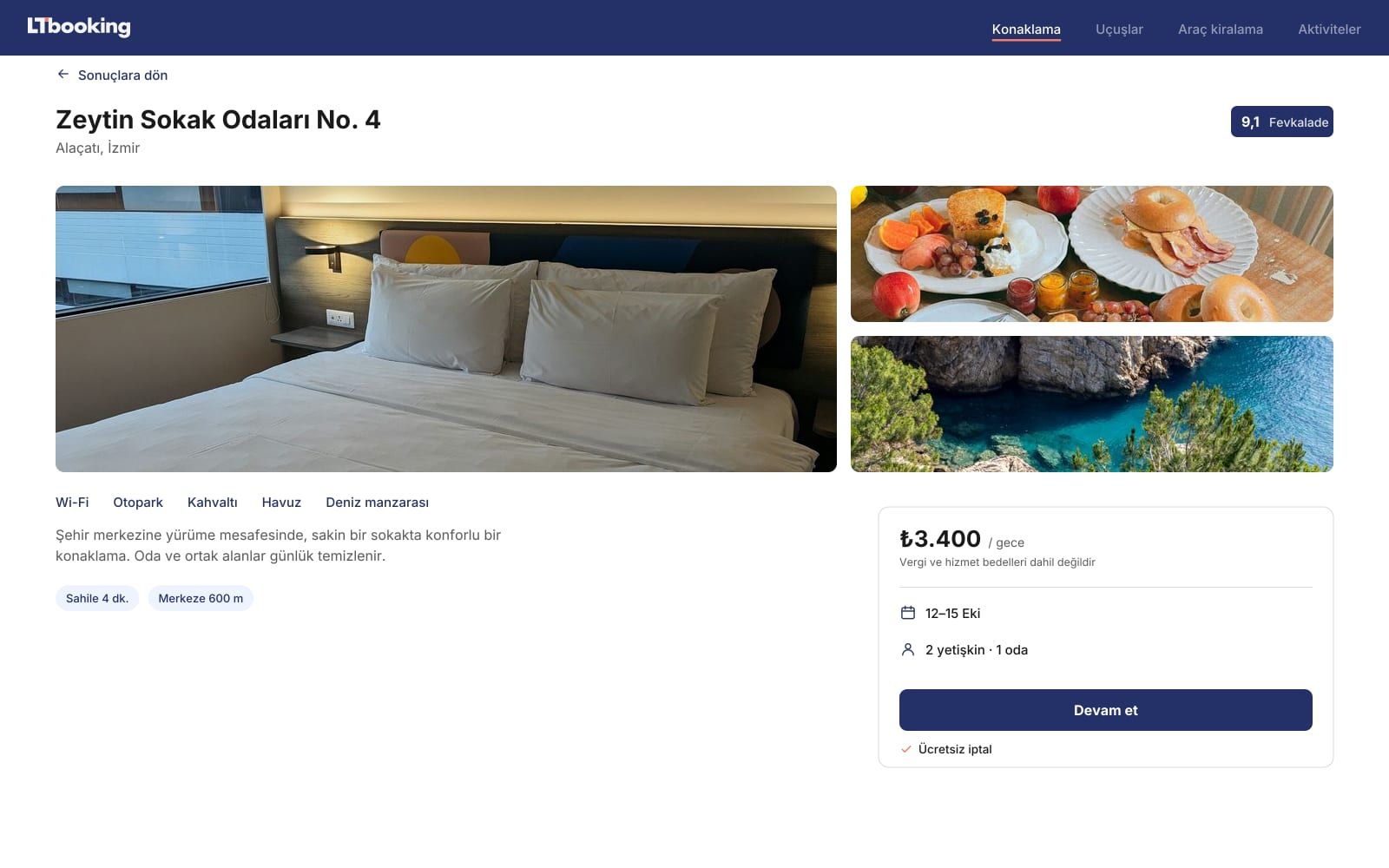 A property detail page with a photo gallery, amenities and a date picker