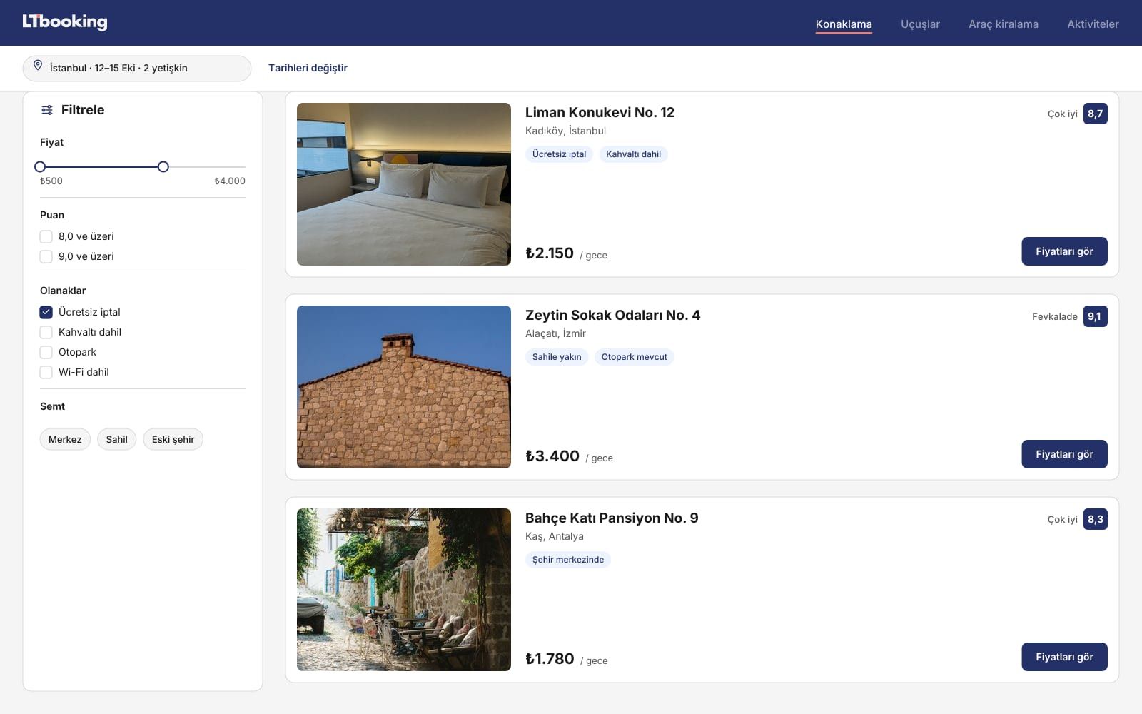 Desktop results list with a filter rail and property cards