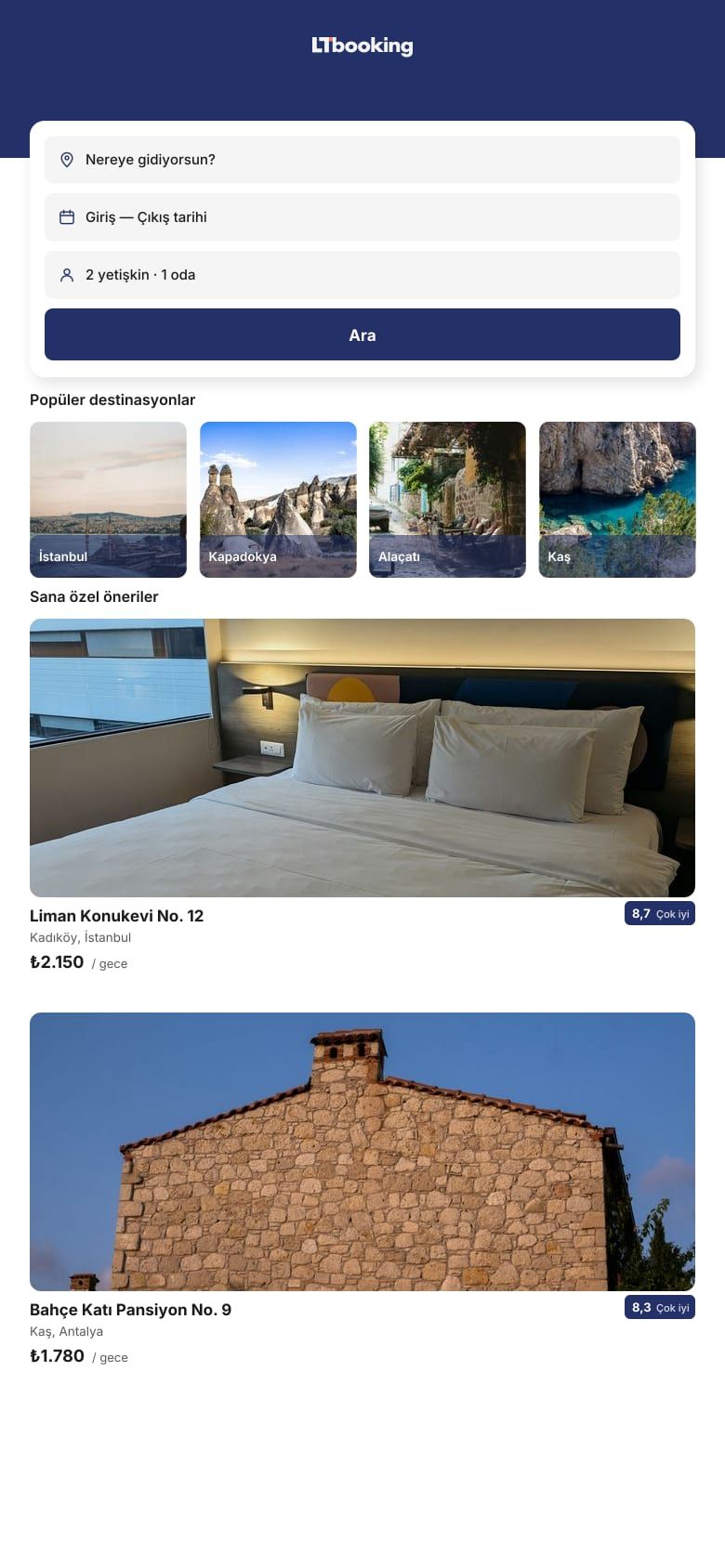 Mobile search screen with popular destination cards