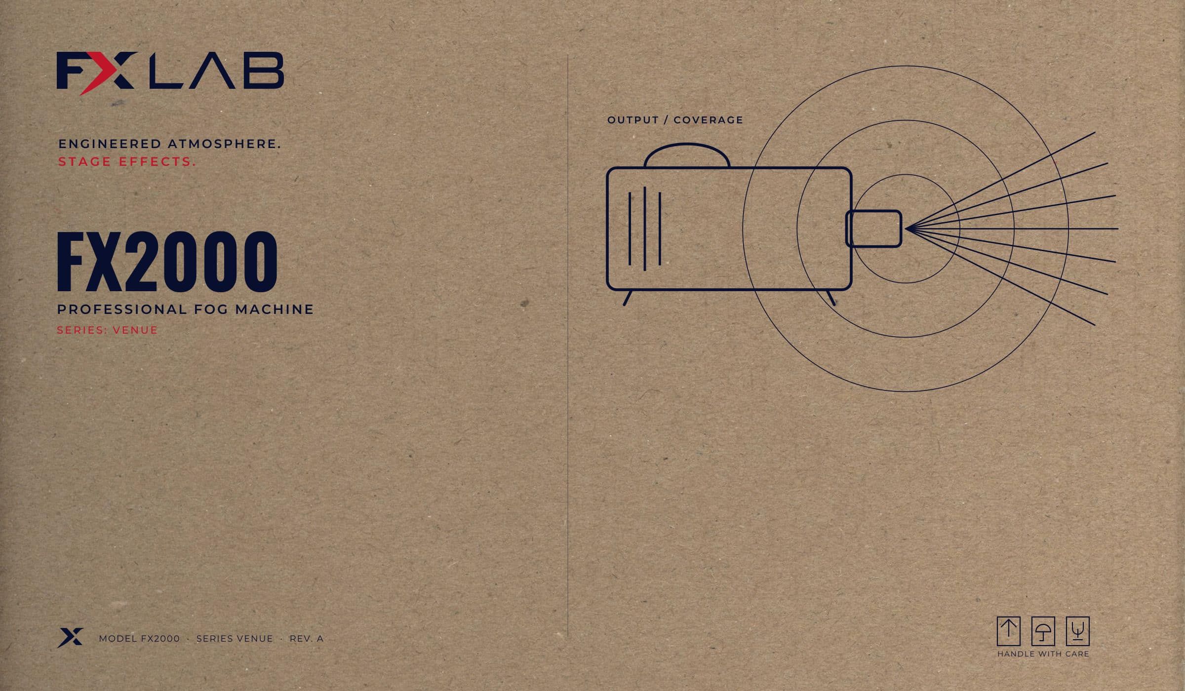 An FXLAB carton printed on kraft board — logo, model number and an output schematic