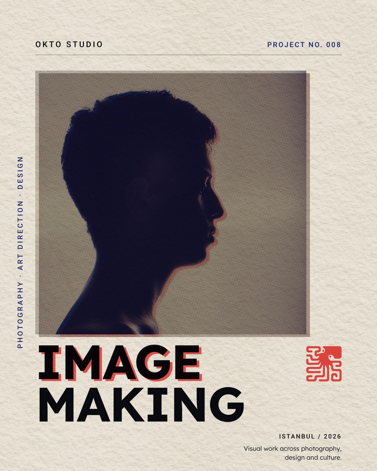 An OKTO poster with a duotone photograph, oversized cropped typography and a vertical label column