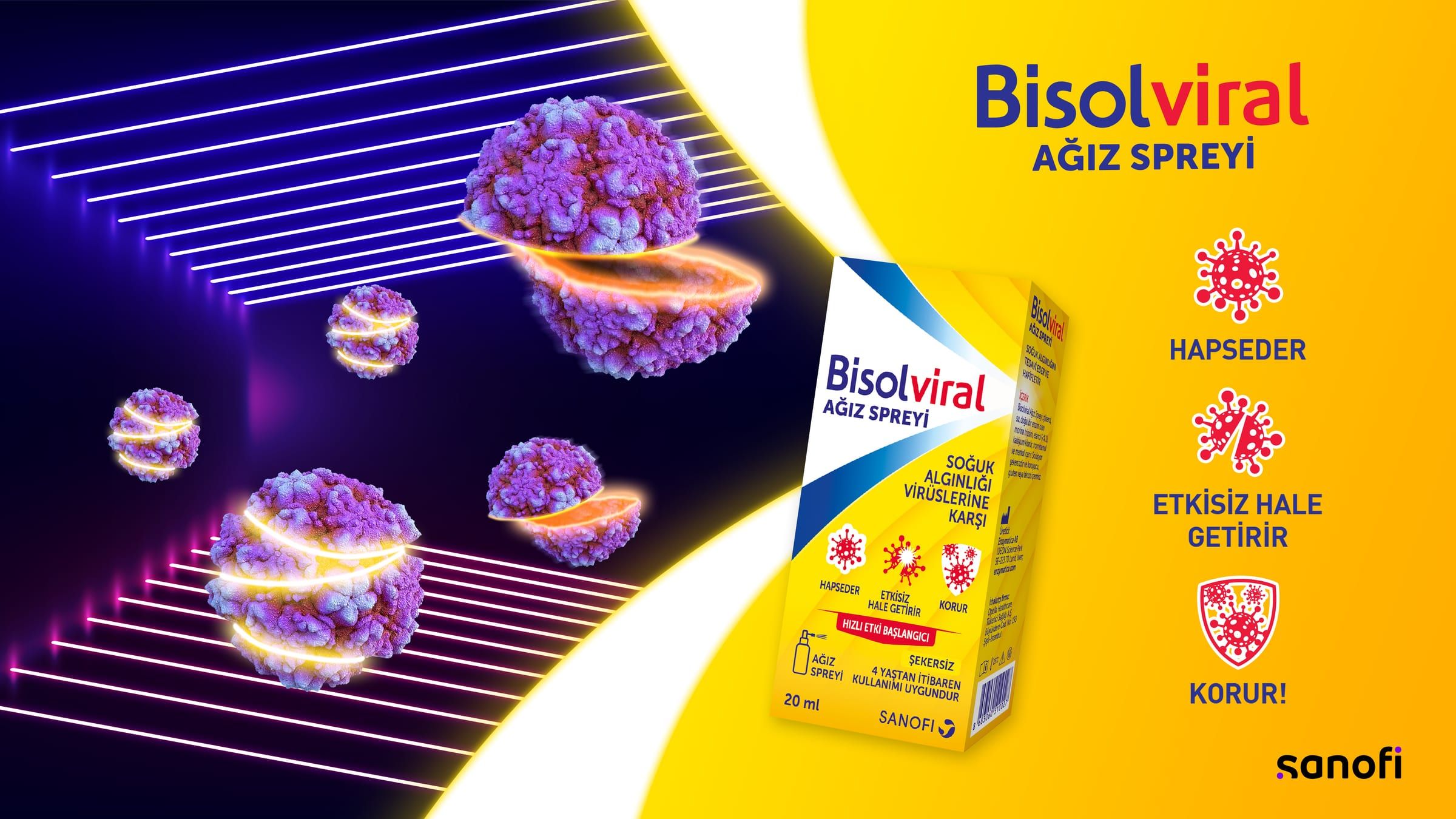 The product pack on a yellow field with magnified virus forms and benefit icons