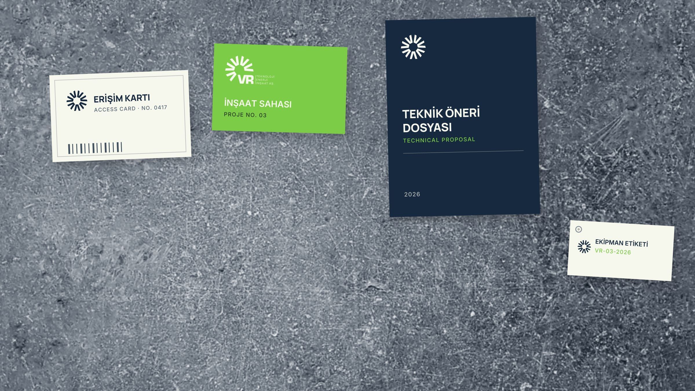 Seen from above — an access badge, a site sign, a technical proposal cover and an equipment label