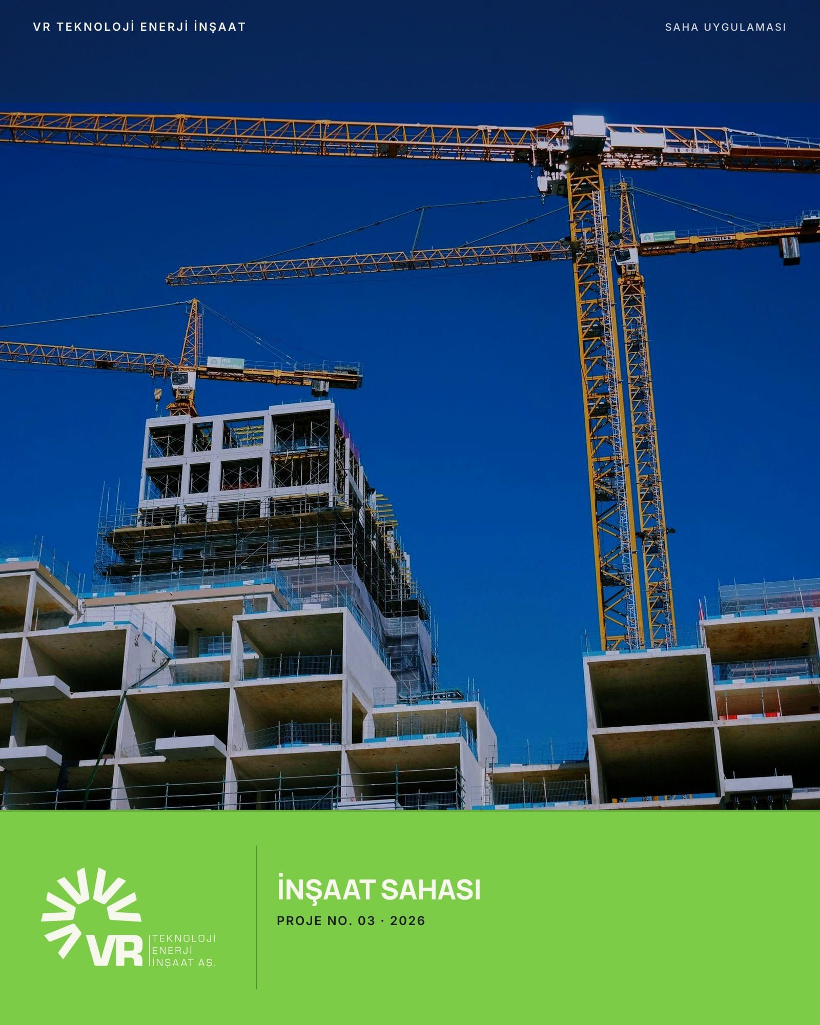A green site panel set against tower cranes and a concrete structure under construction
